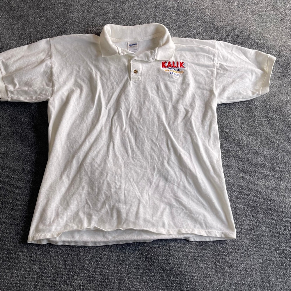 Gildan Mens Kalik Beer Bahamas Polo Shirt White Large Embroidered Souvenir Tee